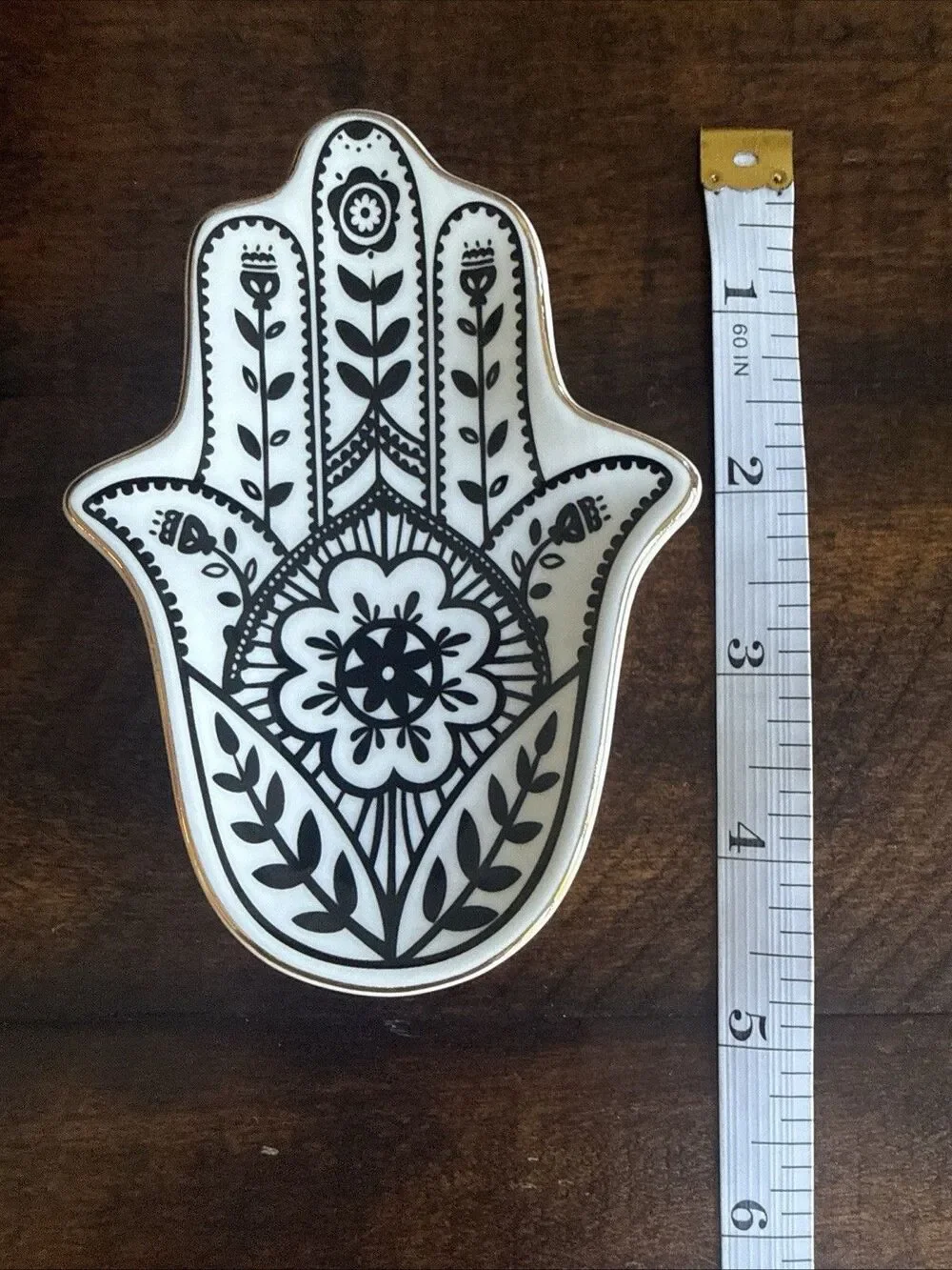 Hamsa Hand Trinket Dish Jewelry Ring Holder Black White Ceramic Tray